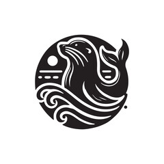 Black Color Sea Lion silhouette design Vector Illustration, Solid White Background (14).eps
