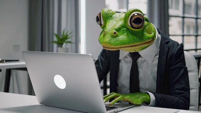 Professional amphibian types business emails at sleek workspace. Green tree frog demonstrates corporate parody while dressed in tailored black suit and tie