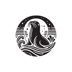 Black Color Sea Lion silhouette design Vector Illustration, Solid White Background (16).eps