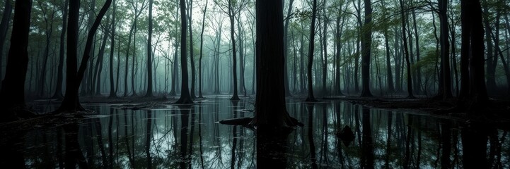 Mysterious forest landscape with serene mood reflecting in calm water