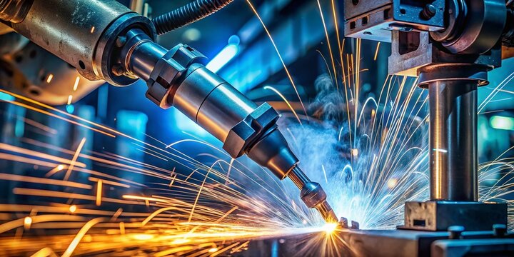 Industrial Spot Welding Process: Close-up of Robotic Arm Welding Metal Parts