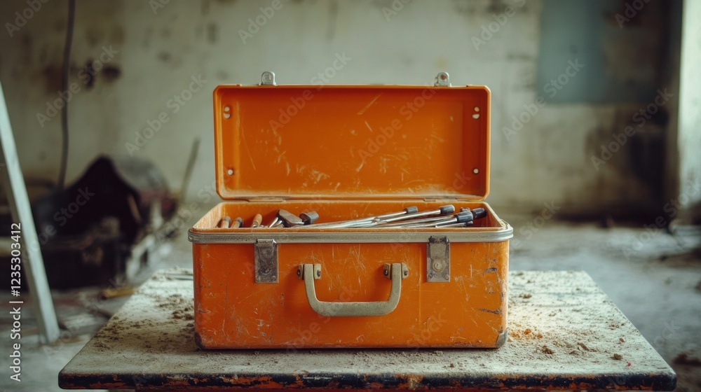 Poster orange toolbox filled with dusty tools inside