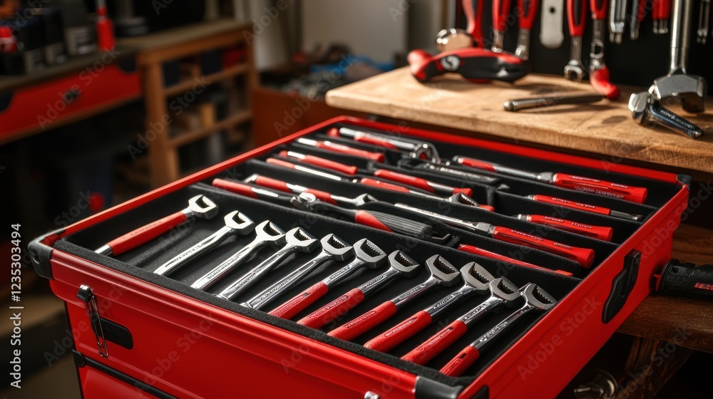 Poster red toolbox filled with various tools and wrenches