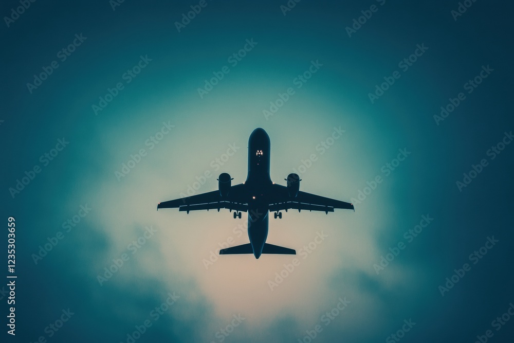 Poster clean lined silhouette of an airplane flying against a moody backdrop during twilight hours. generat