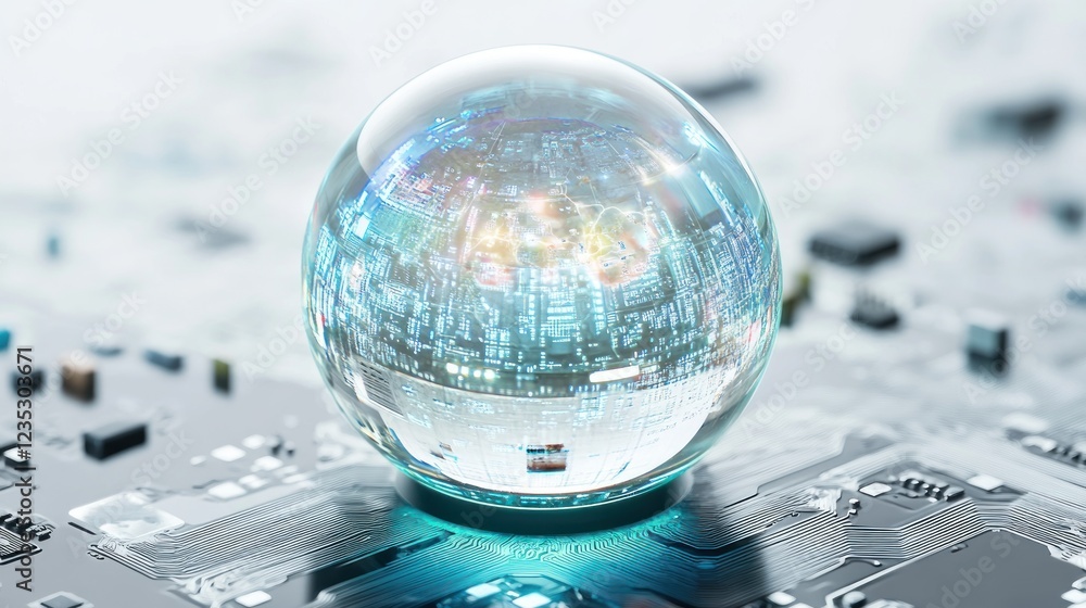 Poster crystal globe reflecting digital world on circuit board
