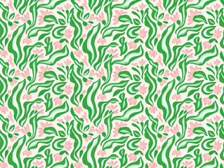 Obraz premium Seamless Green and Pink Floral Pattern: An abstract floral pattern with flowing green leaves and soft pink flowers, perfect for textile design, wallpaper.