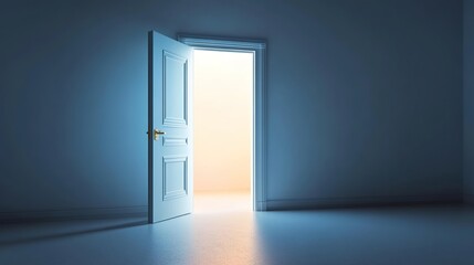 An open door leads to an empty room with walls, illuminated by neon lights. 