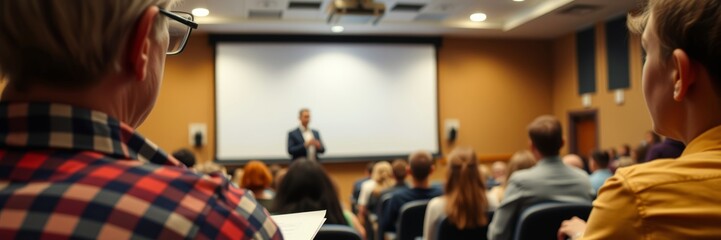 Audience engaged in presentation with attentive mood listening to speaker against projector background
