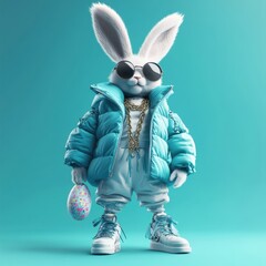 Stylish 3D rabbit character in vibrant attire, perfect for Easter promotions, children's products, or playful branding.