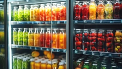 Close-up of the shelves in an extreme close-up of cold drinks and fruit secured behind glass doors in a supermarket, focus on coolers with different soft drinks, blurry background