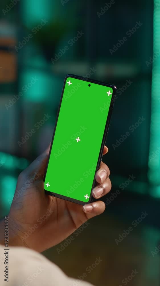 Aufkleber vertical video african american remote worker uses chroma key display on device to work from the com
