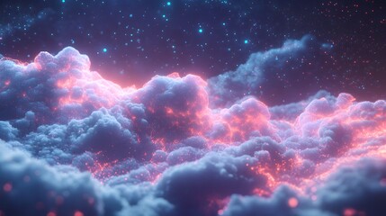 Vibrant glowing clouds in a neon futuristic cosmic sky. Neon glowing sky with dreamy clouds and starry effects. 