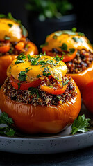 Stuffed bell peppers with quinoa, black beans, and cheese, placed on a white plate with soft lighting in minimalist food photography
