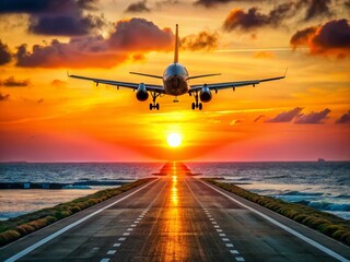 Naklejka premium Israel to Sint Maarten Flight: Airplane Taking Off Over Ocean Sunset, Rule of Thirds Composition