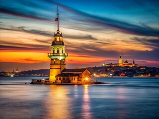 Fototapeta premium Istanbul Maiden's Tower Night Long Exposure View from Asian Side - Panoramic Cityscape