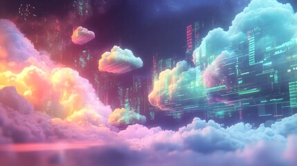 Neon glowing clouds and futuristic cityscape in the night sky. Dreamy neon landscape with glowing clouds and vibrant colors.