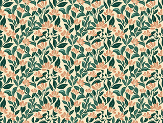 Fototapeta premium Floral Delight: A delicate and enchanting seamless pattern featuring intricate peach blossoms blooming amidst lush green foliage, creating a whimsical and nature-inspired design.