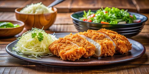 Japanese Style Pork Cutlet Tonkatsu with Chinese Cabbage on Table