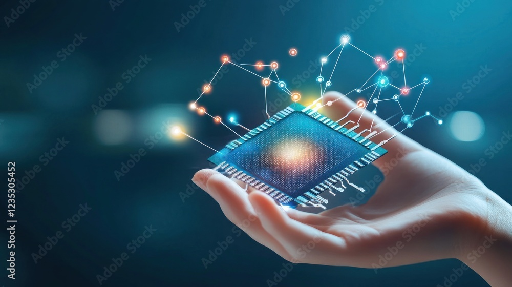 Poster hand holding advanced microchip network technology
