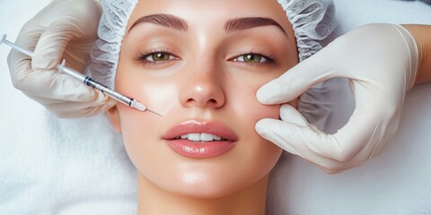 A close-up of a woman receiving facial treatment with a syringe, highlighting beauty and skincare in a clinical setting.