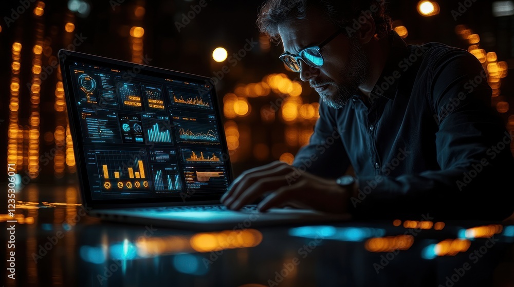 Poster man analyzing data on laptop at night