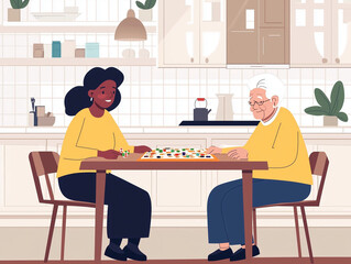 A caregiver and an elderly woman playing board game at a kitchen table, both enjoying the moment