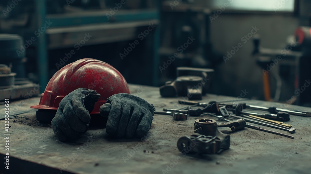 Poster red hard hat gloves and tools rest on workshop table