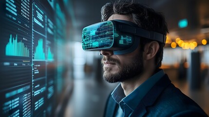 Man wearing virtual reality headset exploring digital world futuristic technology concept. Young man using VR headset for immersive experience in futuristic environment. 