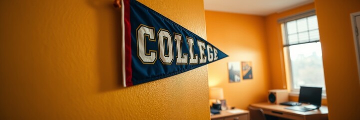 College pennant displaying pride in education with a bright mood against a sunny yellow wall