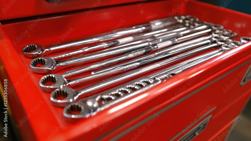 Poster Several metallic wrenches neatly arranged in a red toolbox drawer