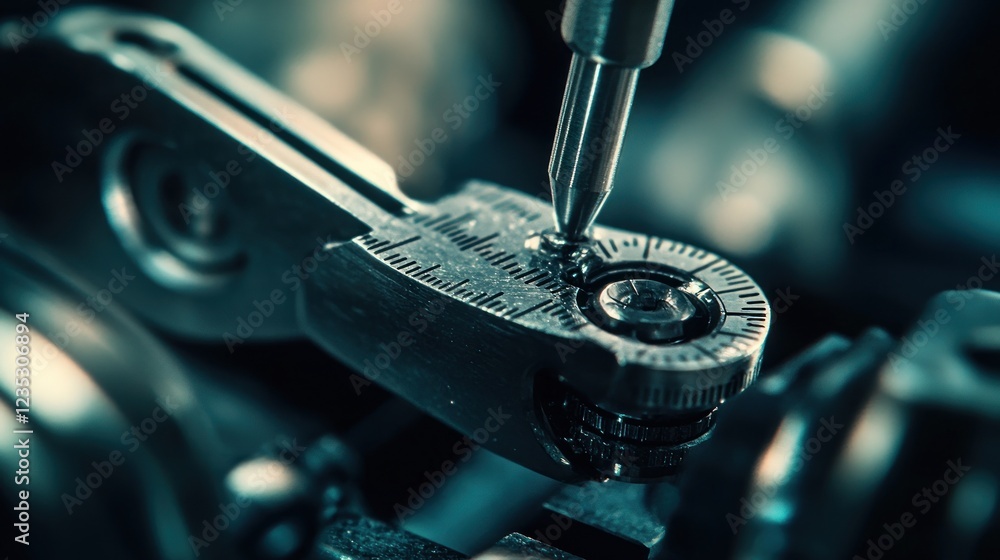 Poster precision instrument closeup showing detailed mechanical components