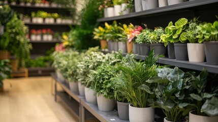 Fototapeta premium Indoor Plant Shop Displays Various Green Plants In Pots