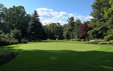 Obraz premium Serene golf course putting green, bathed in sunlight, surrounded by lush greenery under a vibrant blue sky.