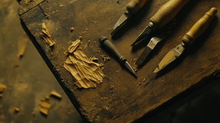 Wood Carving Tools and Wood Shavings on a Table