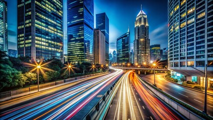 Fototapeta premium Long Exposure Cityscape Showing Blurred Traffic and Illuminated Buildings Representing the Fast Pace of Modern Finance