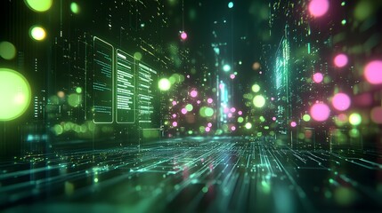 Futuristic Cyber Data Network With Floating Lights And Abstract Digital City Elements In A Sci-Fi Style. Abstract Digital Data Stream With Glowing Lights Representing High-Tech Information Network. 