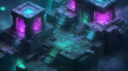 Mysterious Futuristic Digital Temple With Glowing Lights And Neon Aesthetic In A Sci-Fi Environment. Ancient Cyber Ruins With Glowing Pathways And Futuristic Architecture In A Fantasy Digital World. 