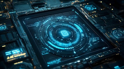 Advanced futuristic digital interface with glowing blue cyber technology. Cybersecurity and digital data system showing futuristic control panel. 