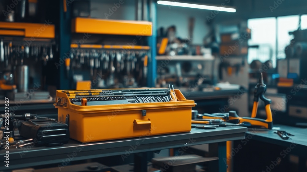 Poster yellow toolbox filled with assorted mechanic tools in workshop
