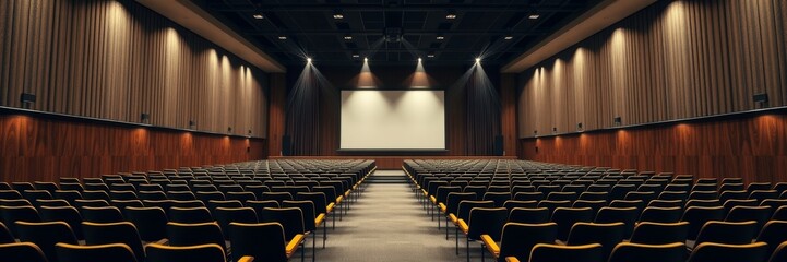 Naklejka premium Movie theater interior with an inviting mood showcasing an empty auditorium against a wooden backdrop