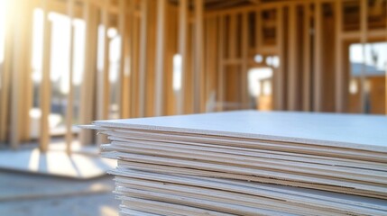 A stack of building materials, such as thin wood panels and drywall, is displayed in the foreground with a construction site background. 
