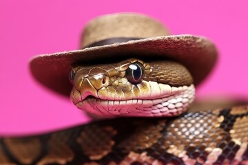 Obraz premium A snake wearing a cowboy hat set against a pink background, highlighting its unique and humorous nature.