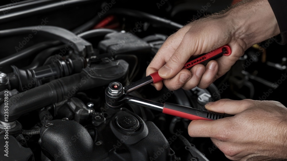 Poster mechanic using a wrench on a car engine