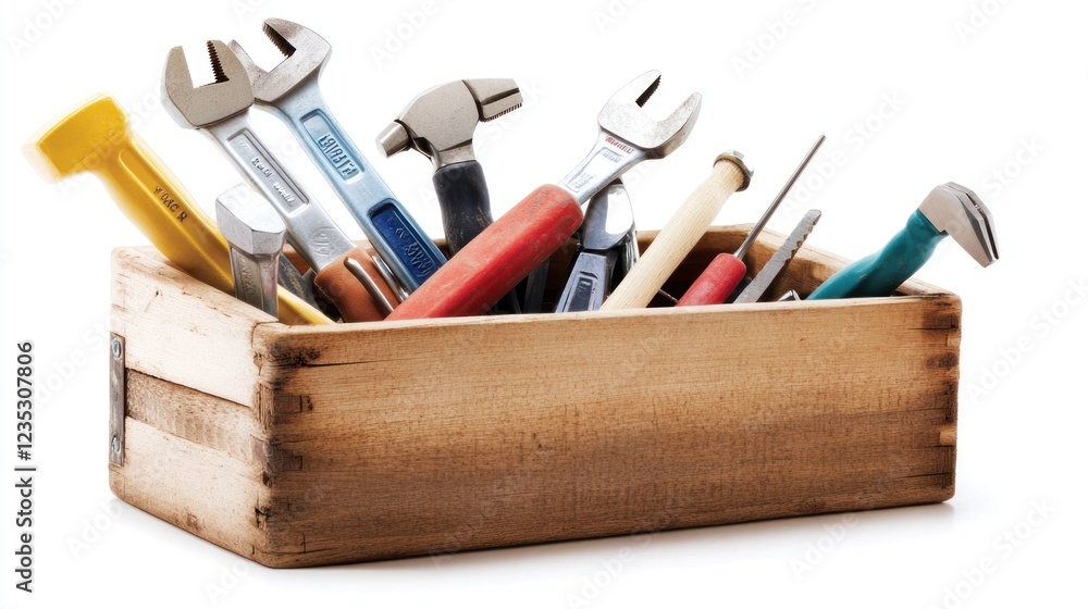 Poster wooden toolbox filled with various hand tools and wrenches