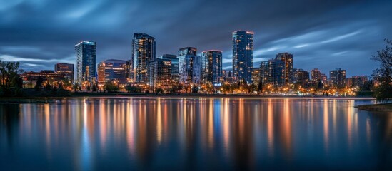 Calgary City Skyline Night Reflection - Long Exposure