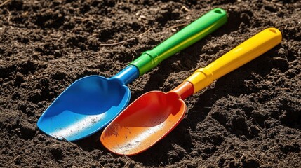 Colorful plastic shovels rest on dark soil ground