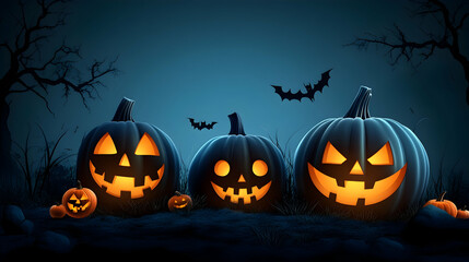 3D Illustration, Halloween Night Pumpkins, Bats, and Spooky Trees