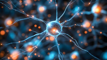 Close-up of glowing neuron cell in a neural network with electric impulses. Digital illustration of brain neurons with synaptic connections and bright energy. 