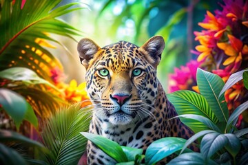 Fototapeta premium Long Exposure Wildlife Coloring Page: Leopard & Tropical Plants