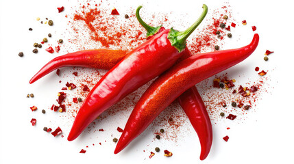 Fresh Red Chili Peppers with Ground Chili Powder and Mixed Peppercorns